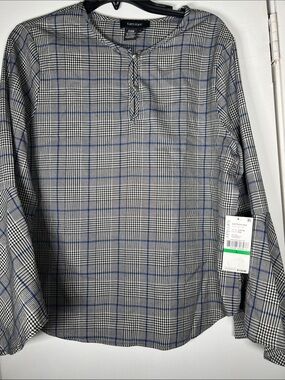 Karen Kane Grey Plaid Long-Sleeve Shirt with Blue Windowpane